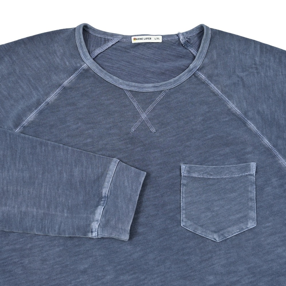 Marine Layer Sweatshirt Mens Large/XL Blue Cotton Raglan Pocket Logo Pullover‎